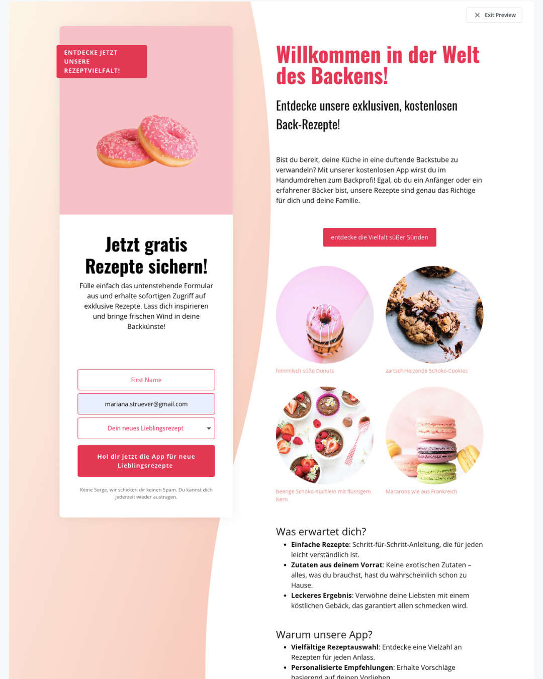 Screenshot einer Landinpage für Backrezepte symbolisiert modernes Webdesign